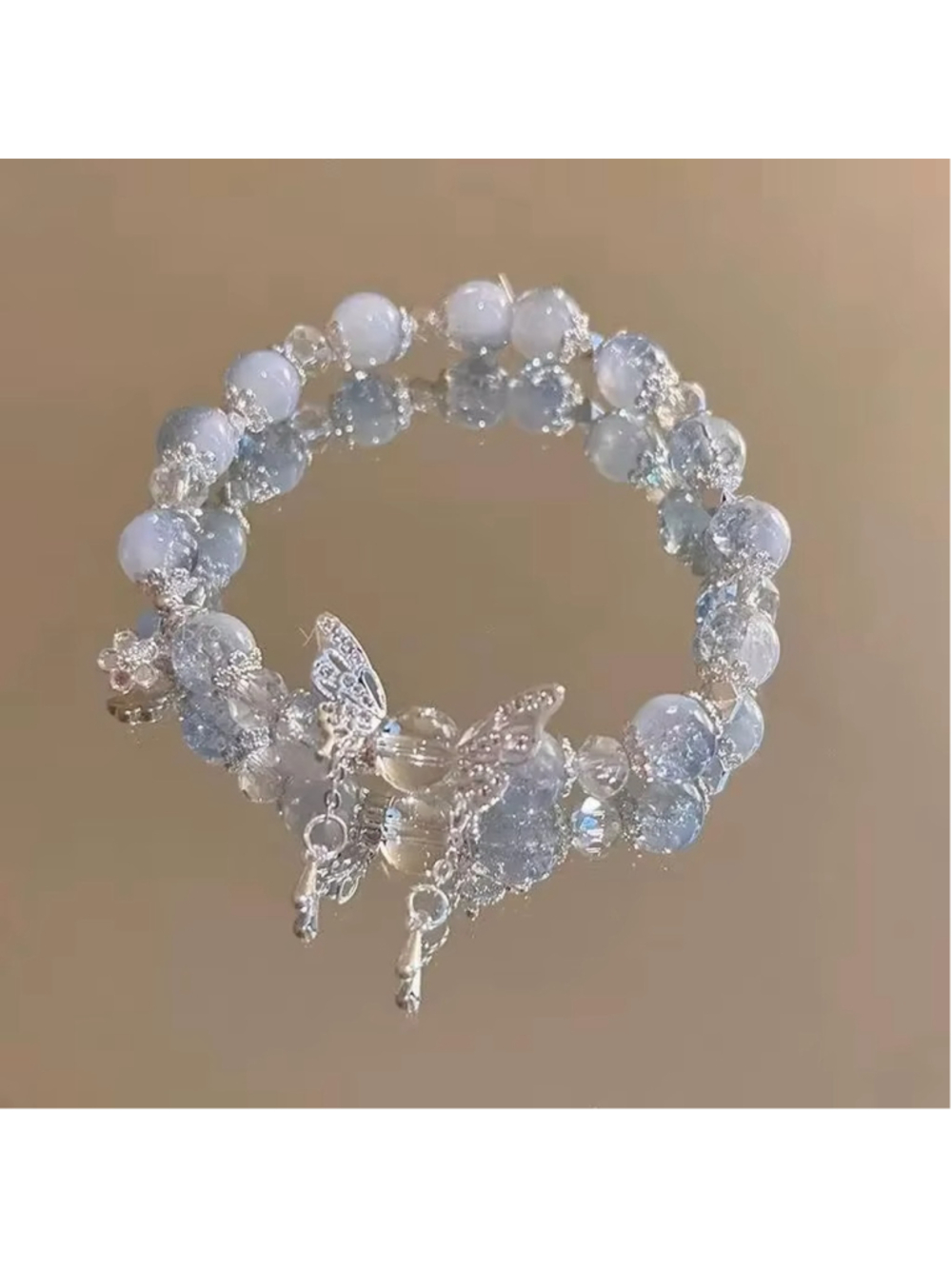 Pretty Blue and White Crackle Bead and Butterfly Charm Stretchy Bracelet NWT